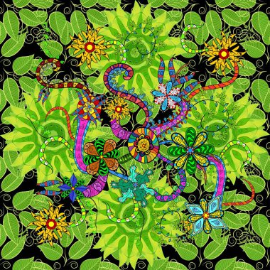 Yaz çiçek arka plan çiçekler ile. Vektör şirin küçük çiçek desende. Küçük renkli çiçekler. Şık moda için şablon yazdırır. Rengarenk illüstrasyon. Sorunsuz