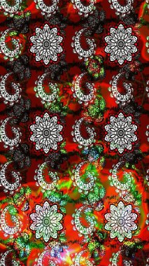 Raster illüstrasyonu. Kırmızı ve siyah renkte çiçekler. Asya tekstil tarzında. Raster illüstrasyonu. Çiçek desenini çiz.