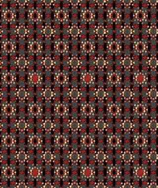 Renkli desenli eskiz deseni, siyah ve kırmızı çiçekler ve dekoratif elementler. Eskiz geçmişi. Raster illüstrasyonu. Kumaş, tekstil, duvar kağıdı baskısı için. Antika retro tarzı.