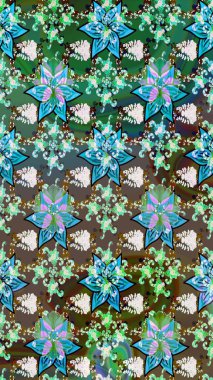 Çiçek tasarımı için inanılmaz bir kolaj cenneti tarzı. Çiçekli zambaklar kusursuz bir arka plan. Parlak çiçekli kolaj çiçekleri yeşil ve kahverengi.