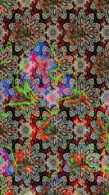 Çok renkli ve nötr küçük çiçekler ve gri ve nötr renklerdeki komik böcekler, raster desen, illüstrasyon.