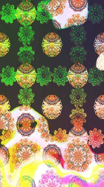 Raster illüstrasyonu. Yeşil ve gri renkli çiçekler. El çizimi çiçekli soyut çizim deseni.