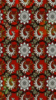 Suluboya elle çizilmiş çiçek desenli eskiz deseni. Parlak renkli fantezi çiçekleri, yapraklar, kırmızı ve kahverengi renkli tomurcuklar, kırmızı ve kahverengi.