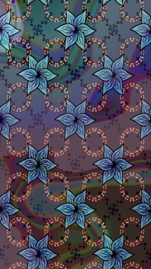 Arkaplan dokusu, duvar kağıdı, mavi ve kahverengi renkli çiçek teması. Soyut etnik raster çizim kalıbı. Kabile sanatı boho baskısı, klasik çiçek arkaplanı.