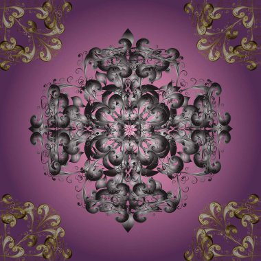 Lüks, kraliyet ve Viktorya dönemi konsepti. Raster klasik barok çiçeksiz altın desenli. Süslü dekorasyon. Gri ve mor renklerde altın desenli altın elementler.