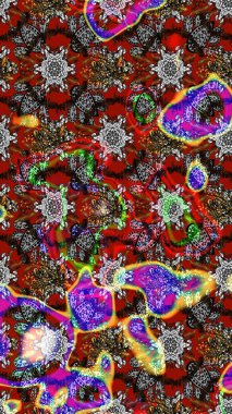 Suluboya elle çizilmiş çiçek desenli eskiz deseni. Parlak renkli fantezi çiçekleri, yapraklar, gri ve kırmızı renkli tomurcuklar, gri ve kırmızı.