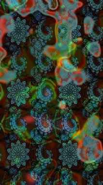 Raster çiçek desenleri çiziyor. Vadinin çiçekleri kahverengi ve mavi renklerde.