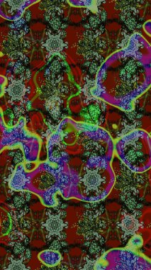 Tropik çiçek desenleri. Raster illüstrasyonu. Yeşil ve kırmızı renkte çiçekler.