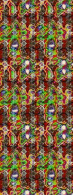 Raster illüstrasyonu. Suluboya çiçekli çiçek deseni. Yeşil ve kırmızı renkli Asyalı tekstil.