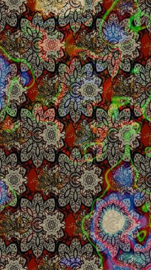 Gri ve kahverengi renkli çiçekler. Çiçek desenli çizim. Raster illüstrasyonu. Raster illüstrasyonu. Asya tekstil tarzında.