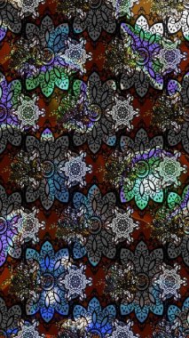 Raster Çiçek İllüstrasyonu 'nun şirin tekstili. Siyah ve gri renkte etnik çiçeklerle süslenmiş zarif bir eskiz..