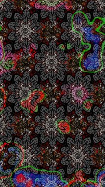 Kabile sanatı boho baskısı, klasik çiçek arkaplanı. Soyut etnik raster çizim kalıbı. Arkaplan dokusu, duvar kağıdı, gri ve siyah renkli çiçek teması.