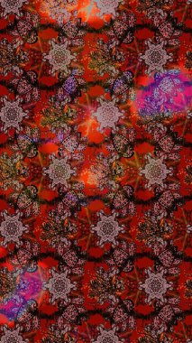 Kahverengi ve kırmızı renklerde Asya tekstili. Çiçek desenli çizim. Raster illüstrasyonu.