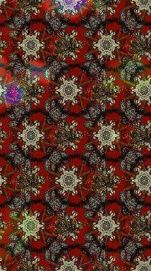 Kahverengi ve kırmızı renkte manzaralı çiçek deseni. Üst manzara, yumuşak stil. Sevgililer günü ve tebrik kartı konsepti için şık bir davetiye. Çiçek kompozisyonu, el boyası, hassas şablon..