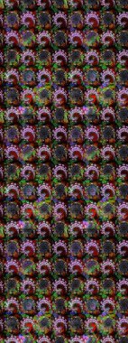 Çok siyah ve kahverengi zarif küçük çiçekler ve siyah ve kahverengi renkli komik böcekler, raster desen, illüstrasyon.