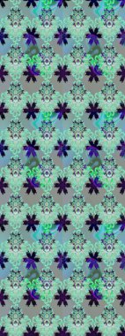 Raster - stok. Yapraklı çiçekler ve mavi ve nötr renklerde papatya çiçekleri. Kusursuz arkaplan deseni.