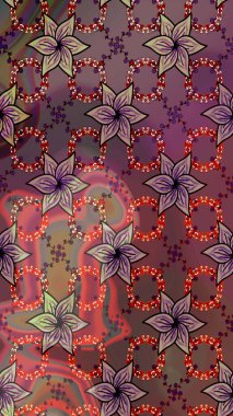 Kahverengi ve mor renkli etnik çiçekli zarif eskiz deseni. Asya Tekstil 'inde Raster Çiçek İllüstrasyonu.