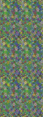 Çok yeşil ve mavi zarif küçük çiçekler ve yeşil ve mavi renkli komik böcekler, raster desen, illüstrasyon.