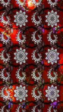 Soyut etnik raster çizim kalıbı. Arkaplan dokusu, duvar kağıdı, kırmızı ve kahverengi renkli çiçek teması. Kabile sanatı boho baskısı, klasik çiçek arkaplanı.