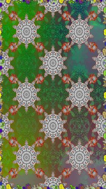 Raster floral pattern in doodle style with flowers. Gentle, cute floral background. Flowers on green and gray colors.