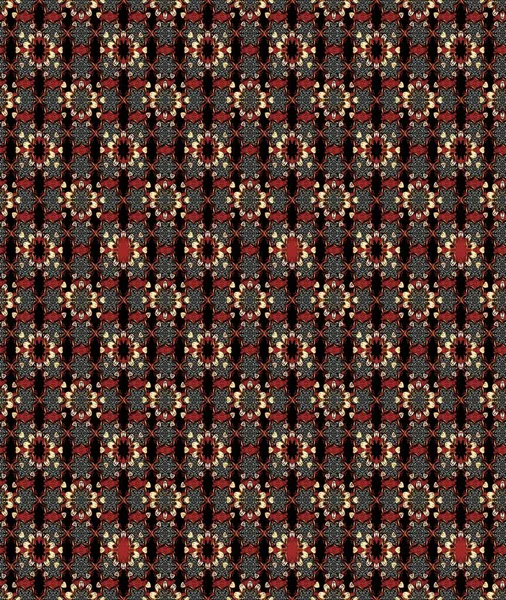 Renkli desenli eskiz deseni, siyah ve kahverengi çiçekler ve dekoratif elementler. Eskiz geçmişi. Raster illüstrasyonu. Kumaş, tekstil, duvar kağıdı baskısı için. Antika retro tarzı.