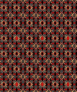 Siyah ve kırmızı renkte etnik çiçeklerle süslenmiş zarif bir eskiz şekli. Raster Çiçek İllüstrasyon Şirin Tekstil.