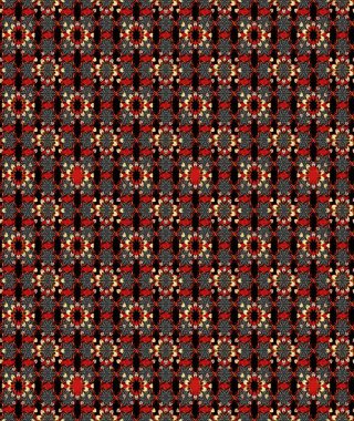 Üzerinde gelincikler ve vadi zambakları olan renkli çiçek desenli nakış deseni. Tekstil tasarımı için siyah ve kırmızı renkli geleneksel halk çiçekleri buketi.