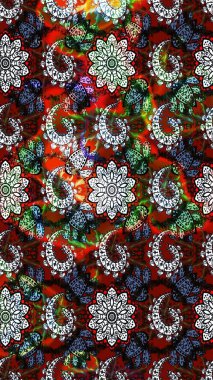 Raster Çiçek İllüstrasyonu 'nun şirin tekstili. Siyah ve kırmızı renkte etnik çiçeklerle süslenmiş zarif eskiz deseni.