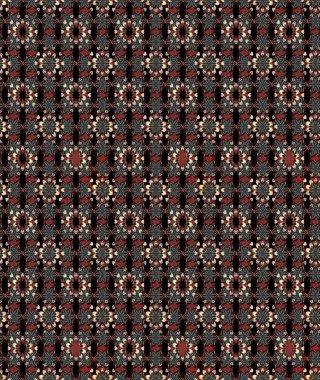 In asian textile style on black and brown colors. Sketch flowers pattern. Raster illustration.