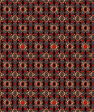 Küçük siyah ve kırmızı çiçeklerle oldukça eski bir besin torbası deseni. Tekstil, kumaş, kapaklar, duvar kağıtları, baskı, paket, koleksiyon defteri, örgü, dekupaj için çiçek arkaplanı..