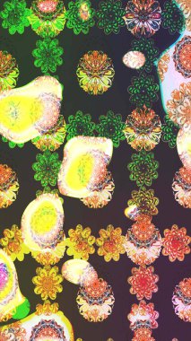 Bir sürü yeşil ve kahverengi soyut çiçekli tropik eskiz deseni. Küçük çiçekteki sevimli çiçek deseni. Varicologreen ve kahverengi raster çizimi.