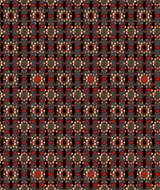 Renkli desenli eskiz deseni, siyah ve kırmızı çiçekler ve dekoratif elementler. Eskiz geçmişi. Raster illüstrasyonu. Kumaş, tekstil, duvar kağıdı baskısı için. Antika retro tarzı.