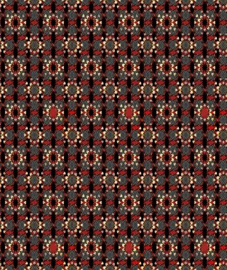 Renkli desenli eskiz deseni, siyah ve kırmızı çiçekler ve dekoratif elementler. Eskiz geçmişi. Raster illüstrasyonu. Kumaş, tekstil, duvar kağıdı baskısı için. Antika retro tarzı.