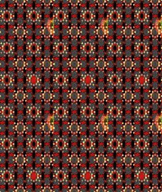 Çiçek desenli çizim. Raster illüstrasyonu. Asya tekstil tarzında. Siyah ve kırmızı renkte çiçekler. Raster illüstrasyonu.