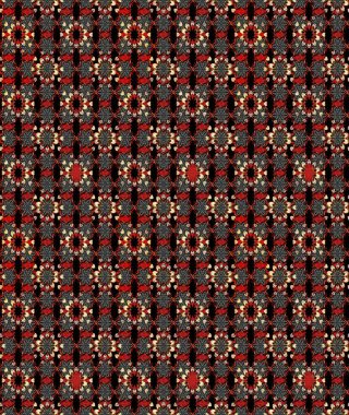 Siyah ve kırmızı renkte etnik çiçeklerle süslenmiş zarif bir eskiz şekli. Raster Çiçek İllüstrasyon Şirin Tekstil.