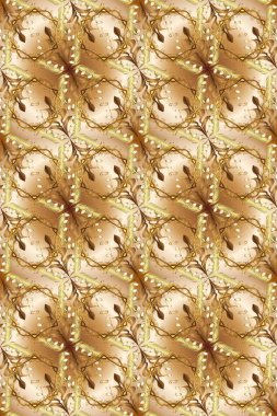 Golden pattern on a beige, brown and neutral colors with golden elements. Raster vintage baroque floral seamless pattern in gold. Ornate decoration. Luxury, royal and Victorian concept.