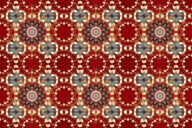 Doğu tarzı arabesk. Kırmızı, bej, kahverengi ve altın rengi üzerinde pürüzsüz desen. Raster. Kusursuz altın desenli bukleler. Parlak dantel, stilize çiçekler, şal desenli. Zarif altın deseni aç.