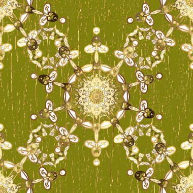 Openwork delicate golden pattern. Oriental style arabesques. Seamless golden texture curls. Seamless pattern on brown and beige colors with golden elements. Brilliant lace, stylized flowers, paisley.