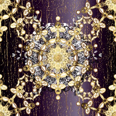 Seamless golden pattern. Golden pattern on black and brown colors with golden elements. Oriental ornament.