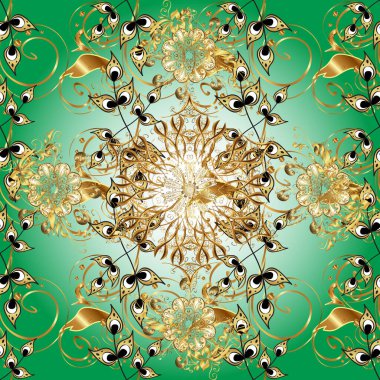 Geleneksel oryantasyon süsü. Kusursuz klasik altın desen. Yeşil ve nötr renklerdeki altın desenler altın elementlerle.