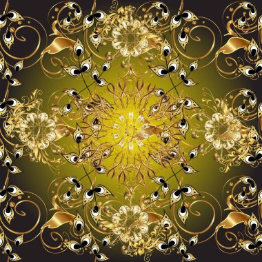 Barok tarzında altın çiçek süsü. Antika altın tekrarlanabilir duvar kağıdı. Gri ve kahverengi renklerde altın element. Damask arkaplanı tekrarlayan kusursuz desen.