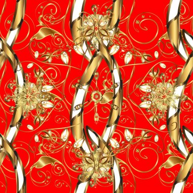 Floral ornament brocade textile pattern, glass, metal with floral pattern on red and brown colors with golden elements. Classic golden seamless pattern.