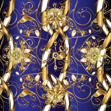 Seamless classic golden pattern. Golden pattern on blue and brown colors with golden elements. Traditional orient ornament. Classic vintage background.