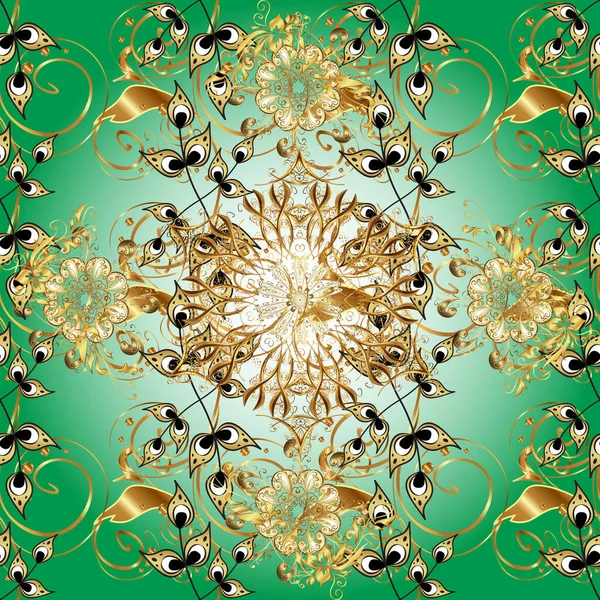Geleneksel oryantasyon süsü. Kusursuz klasik altın desen. Yeşil ve nötr renklerdeki altın desenler altın elementlerle.