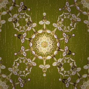 Kusursuz kraliyet lüksü, altın barok kumaş rengi. Altın antika ortaçağ dekoratifi, kahverengi ve bej renklerinde altın desenli süslemeleri olan vektörsüz desen..