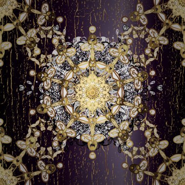 Davetiyeler, kartlar, web sayfası için vektör illüstrasyonu. Doğu tarzı element. Çizgi sanatı tasarım şablonu için kusursuz sınır. Altın desenli çiçek dekoru. Siyah ve kahverengi renkler üzerine altın element.