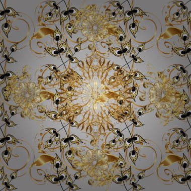 Kusursuz klasik vektör altın deseni. Vektör çizimi. Klasik klasik klasik arka plan. Siyah ve kahverengi renklerde altın elementlerle kusursuz desen. Geleneksel oryantasyon süsü.