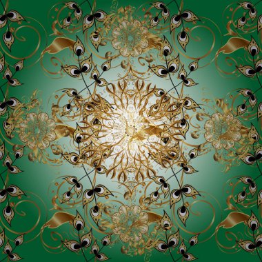 Vektör çizimi. Yeşil ve nötr renklerde altın elementlerle klasik, pürüzsüz desen.