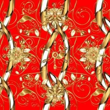 Kırmızı ve kahverengi renklerde altın bir element. Altın çiçekli, pürüzsüz desen. Damask arkaplanı. Barok tarzında altın çiçekli süs..