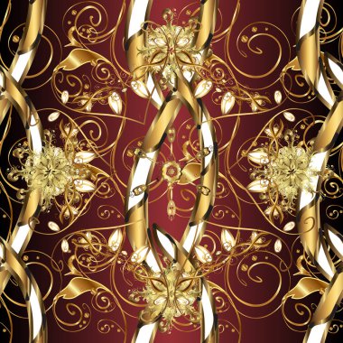 Vektör çizimi. Kart, duvar kağıdı, ambalaj ve tekstil için klasik tasarım. Kusursuz desenli altın elementler. Altın şablon. Kahverengi ve kırmızı renklerde Royal retro. Çiçeksel klasik doku.